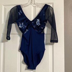 Gorgeous 3/4 sleeve deep blue leotard with floral velvet bodice, adult small.